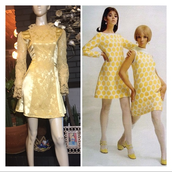 Vintage Dresses & Skirts - Retro 70s Light Yellow Satin & Lace Babydoll Dress